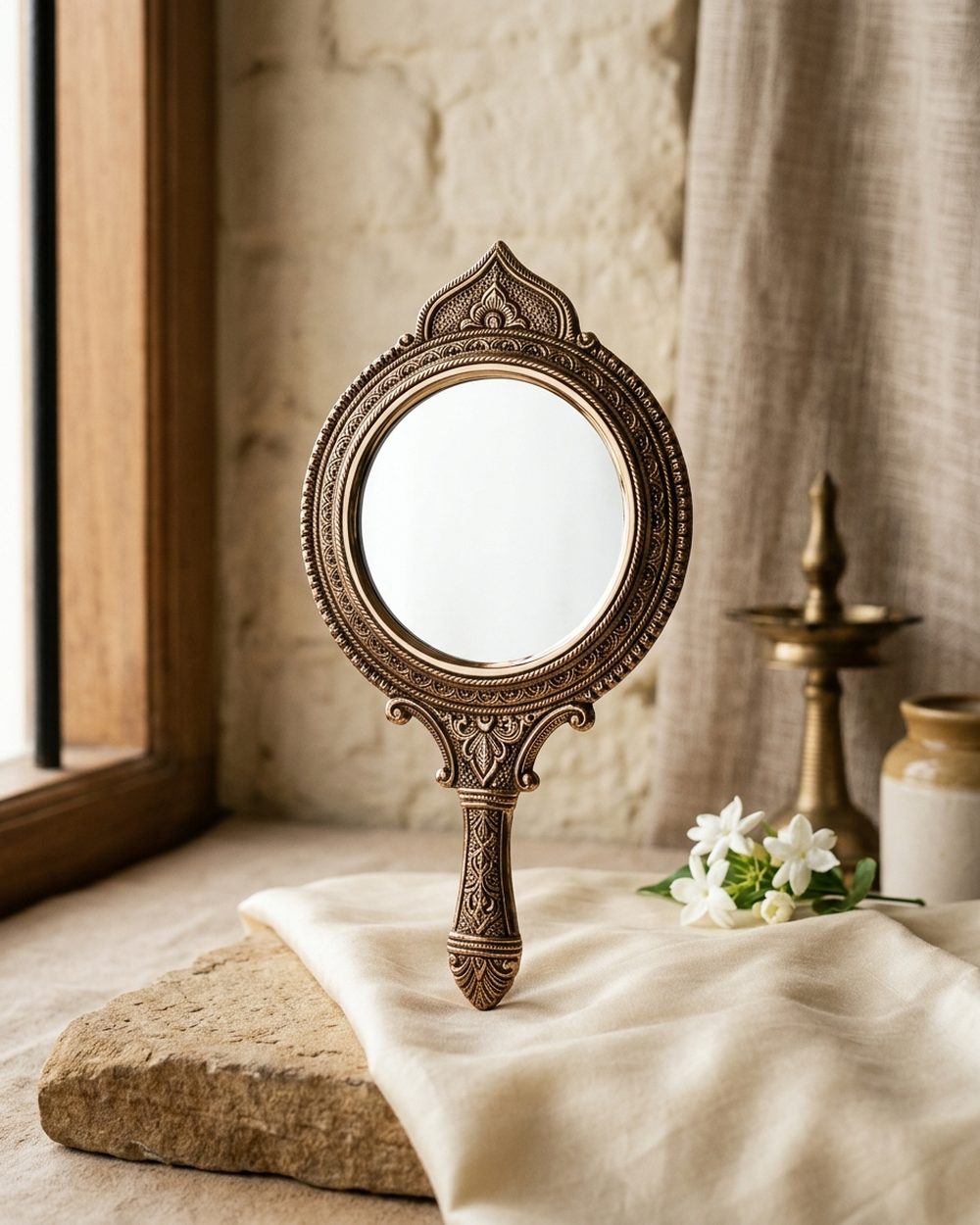 Polished handheld metal mirror in the Aranmula tradition
