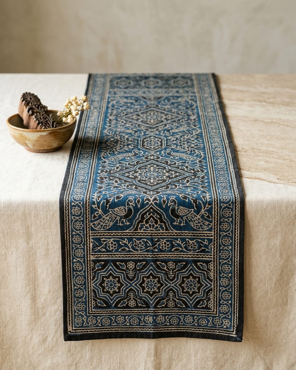 Hand block-printed cotton table runner in natural indigo and madder
