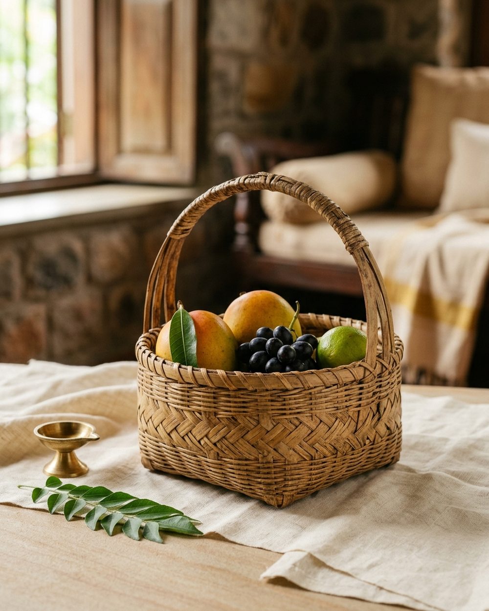 Handwoven natural bamboo fruit basket with a fine weave