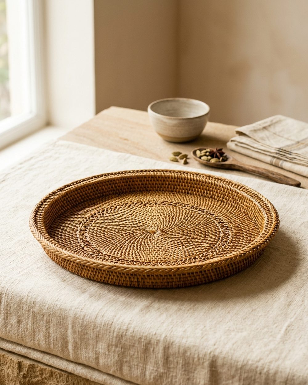 Woven banana fibre serving tray with natural golden tones