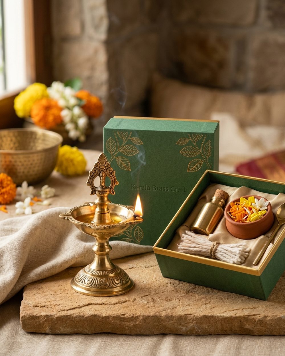 Set of small hand-finished brass diyas arranged for a festival