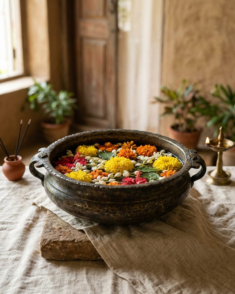 Wide handcrafted bronze uruli bowl for water and floating flowers