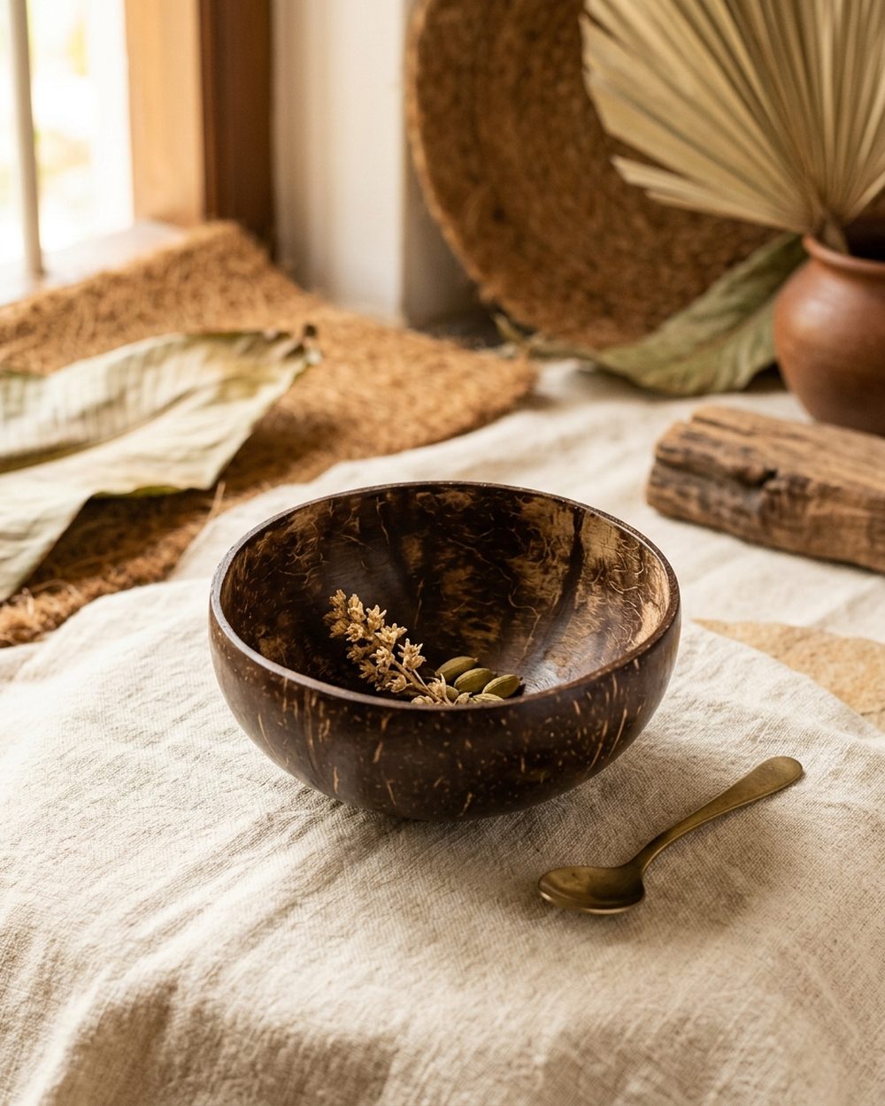 Polished coconut shell serving bowls on a wooden table