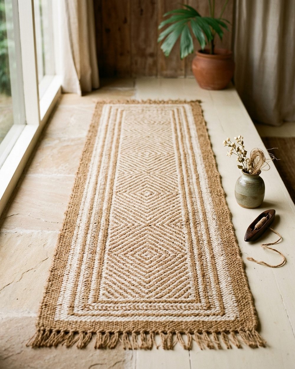 Handwoven coir and cotton floor runner in natural stripes