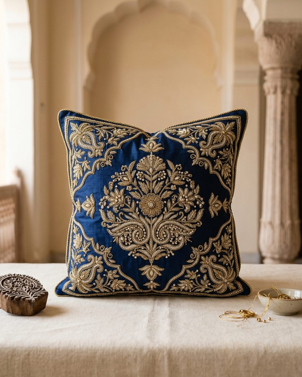 Silk cushion with intricate gold zardozi thread embroidery