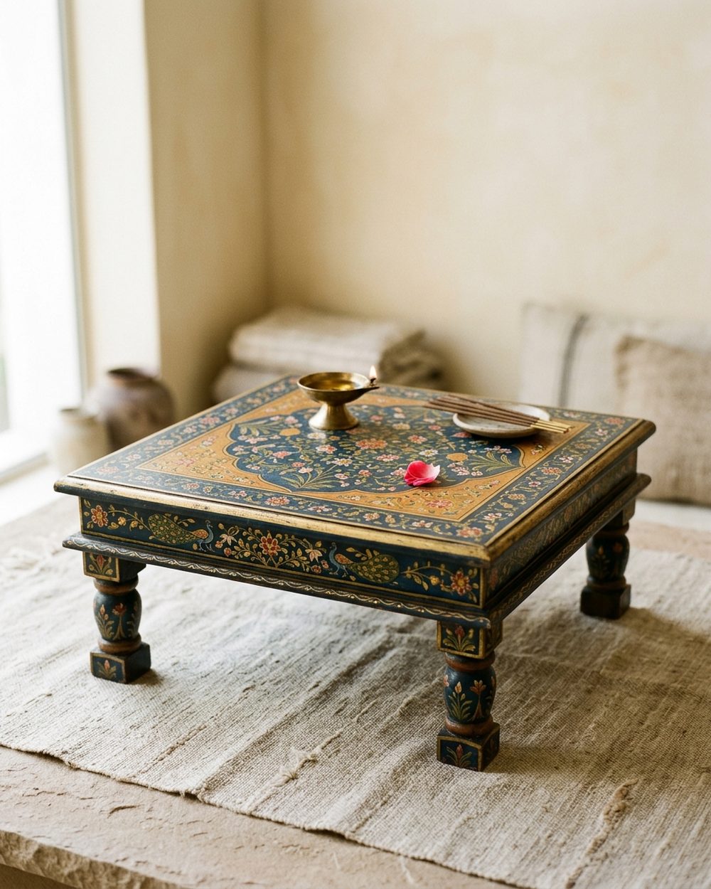 Hand-painted wooden bajot low table with floral Rajasthani motifs