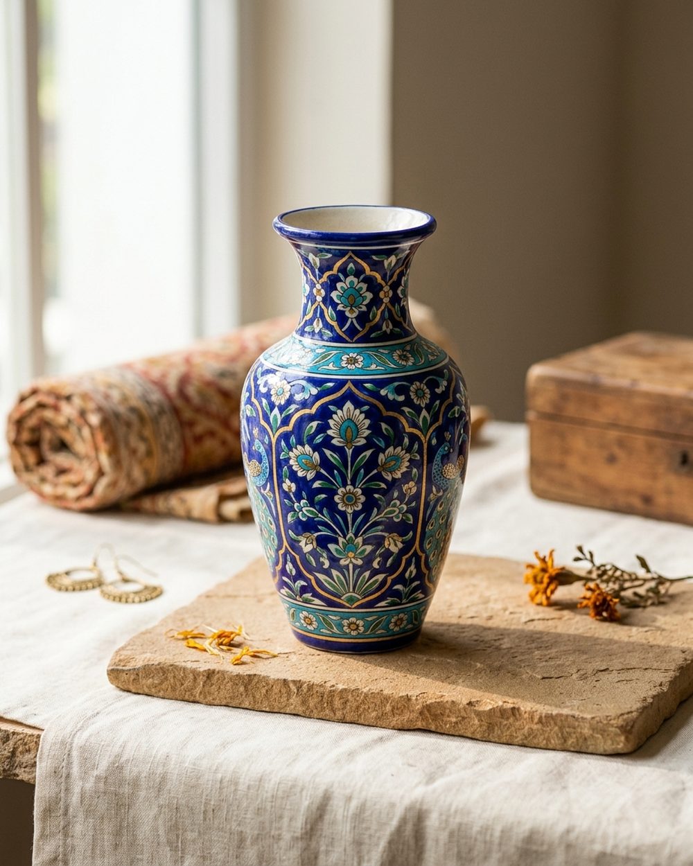 Cobalt blue Jaipur pottery vase with floral hand-painted motifs