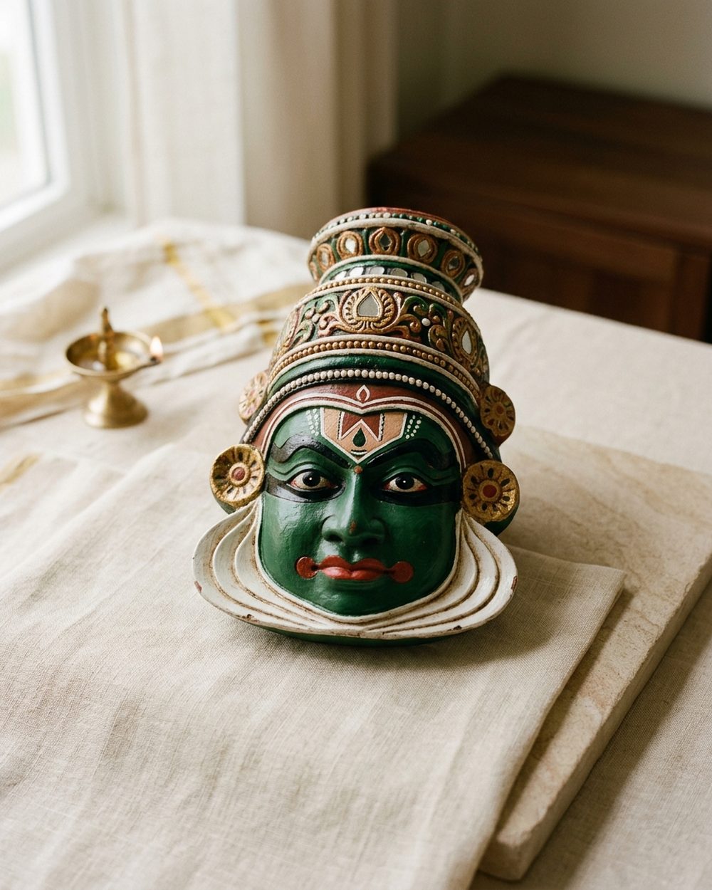 Hand-painted wooden Kathakali face mask in green, red and white