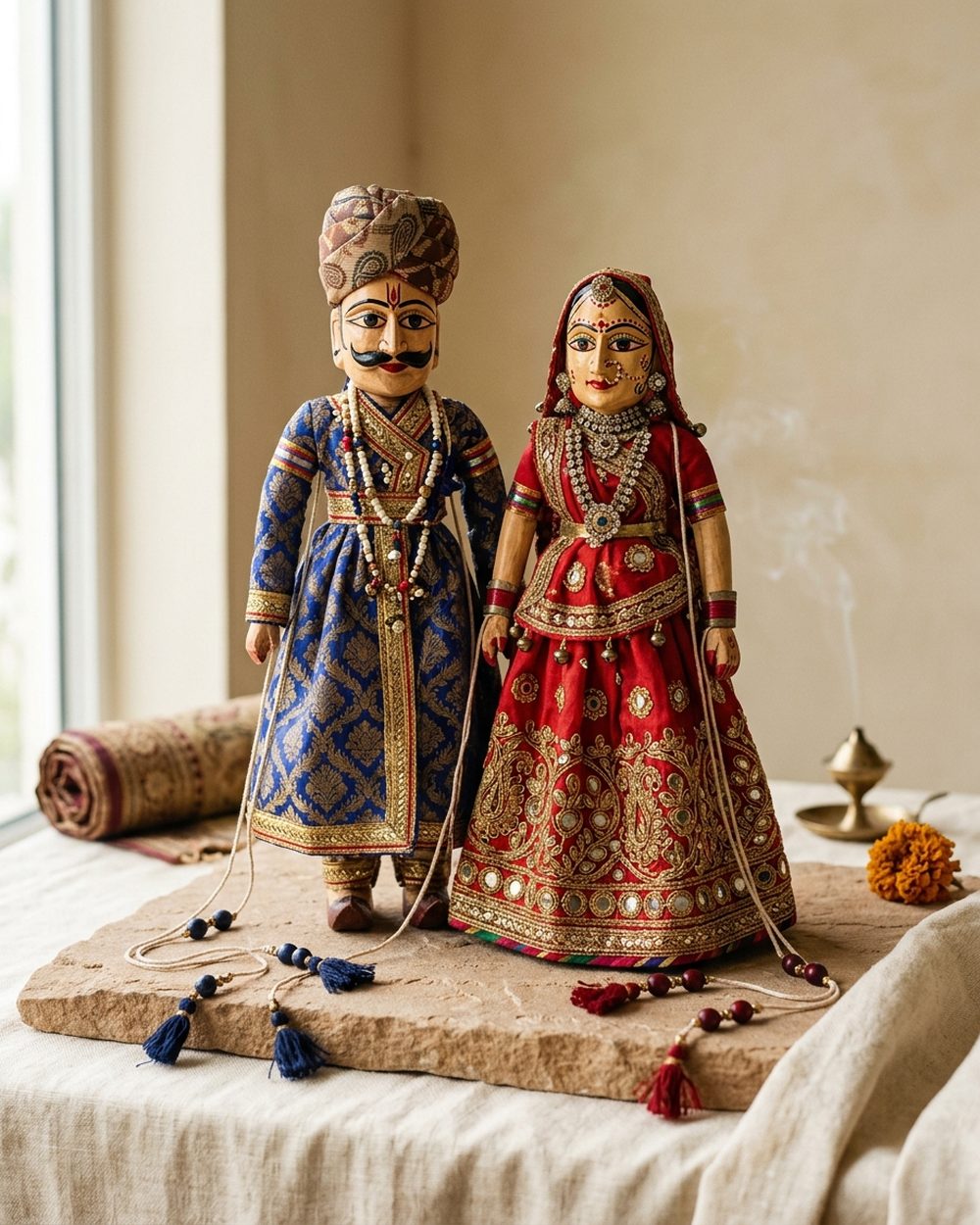 Traditional Rajasthani Kathputli string puppets in bright costumes