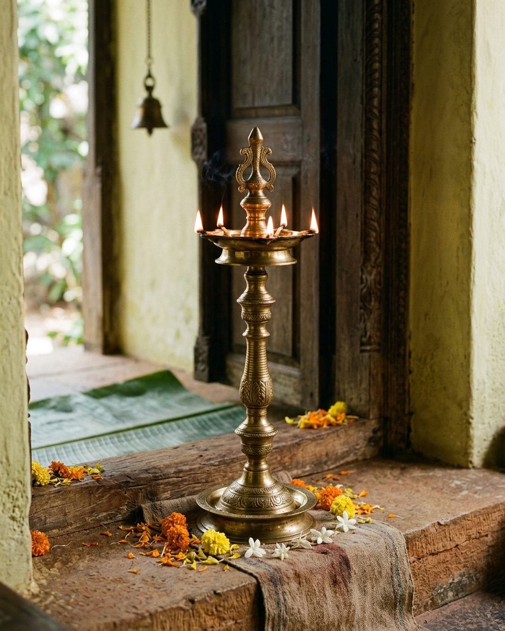Tall traditional Kerala brass nilavilakku temple lamp