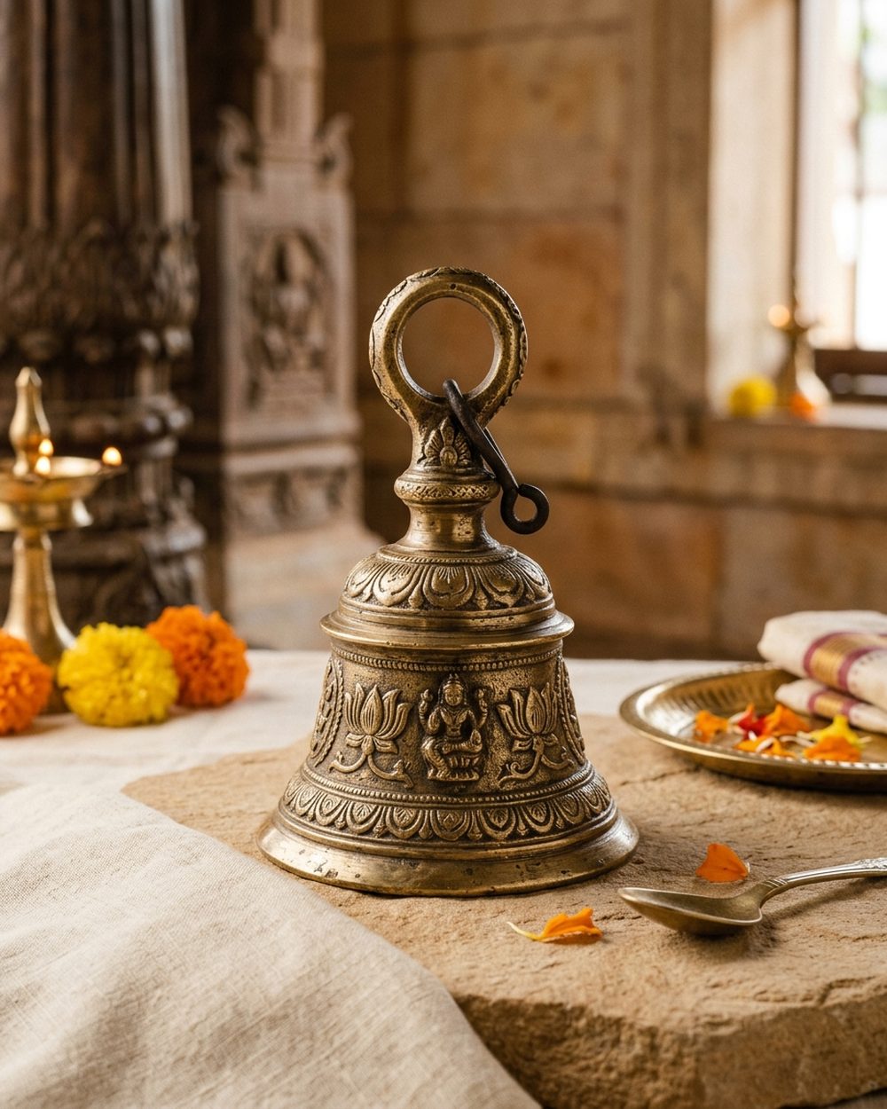 Hand-cast brass temple bell with a carved handle