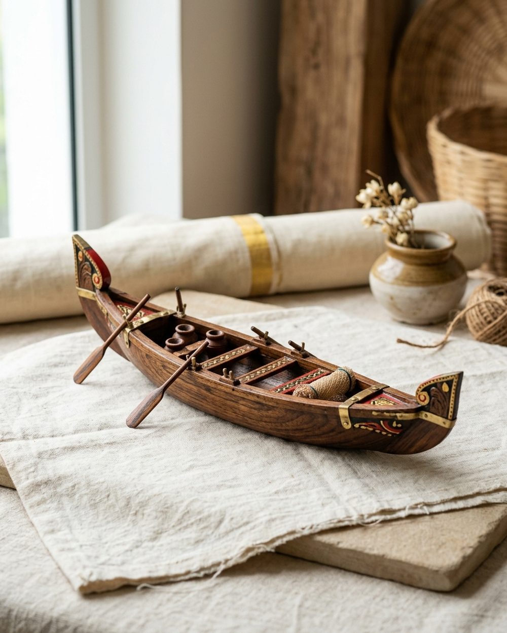Hand-built miniature wooden Kerala vallam country boat model