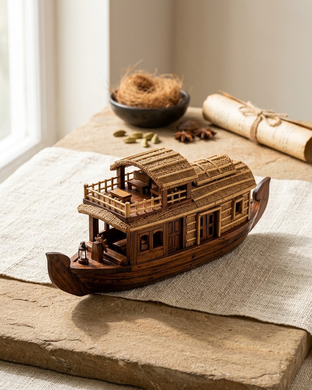 Detailed wooden model of a Kerala kettuvallam houseboat