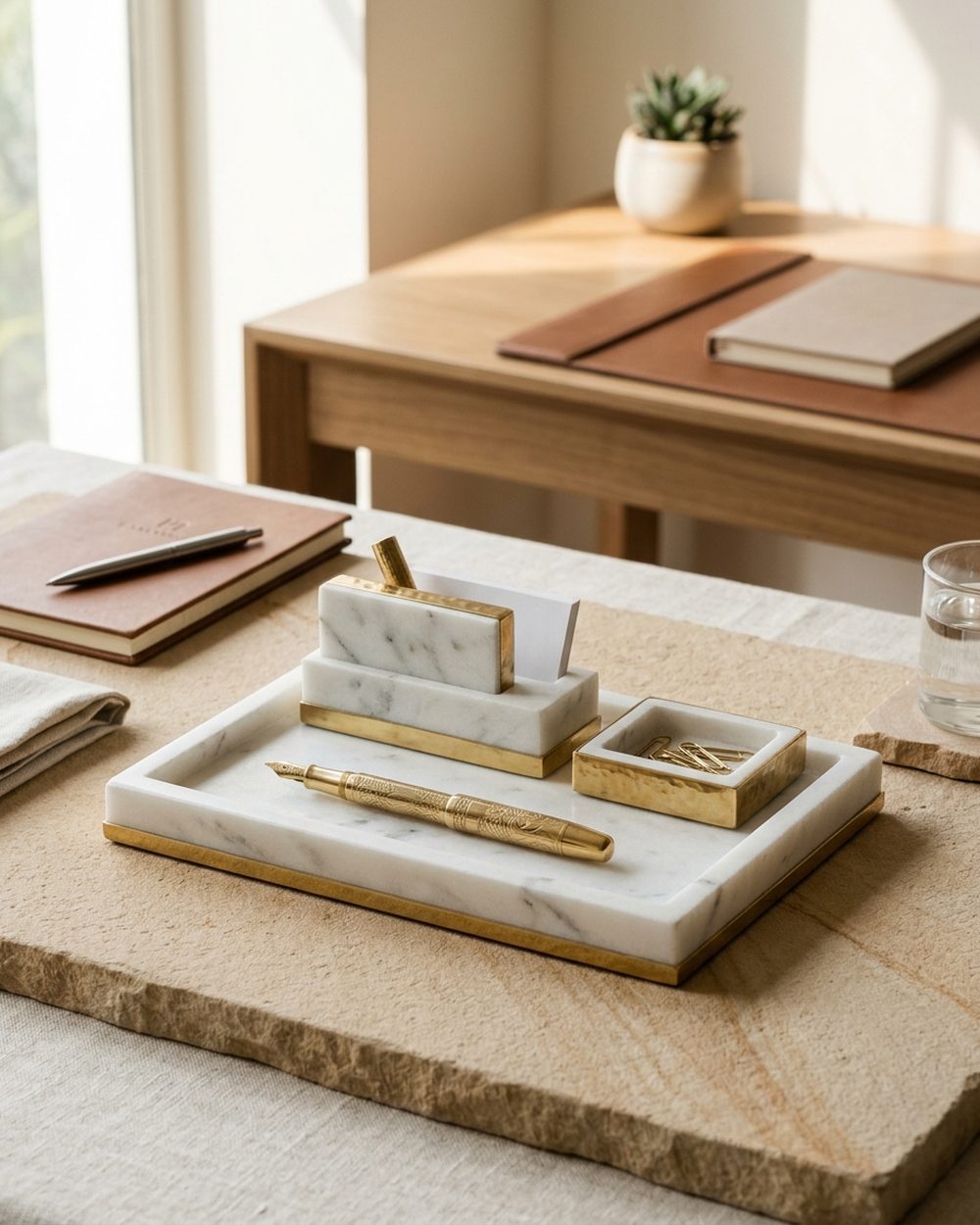 Executive desk set in white marble and polished brass accents