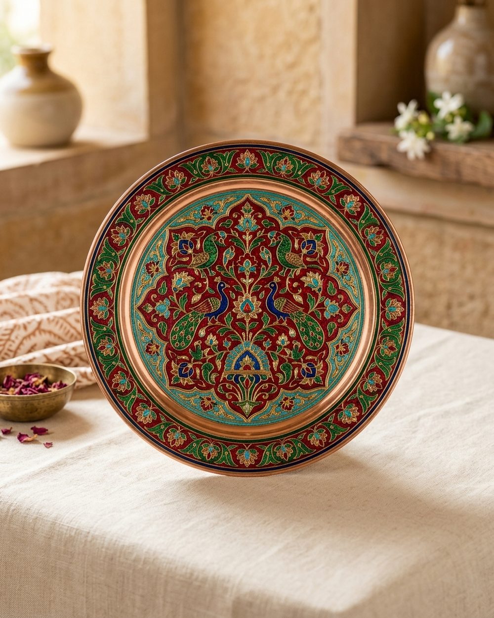 Vibrant Meenakari enamel decorative plate with jewel-tone florals