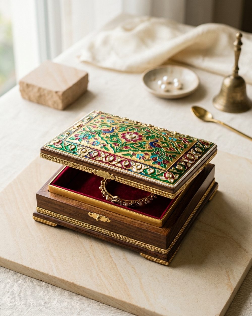 Jewel-toned Meenakari enamel jewellery box with velvet lining