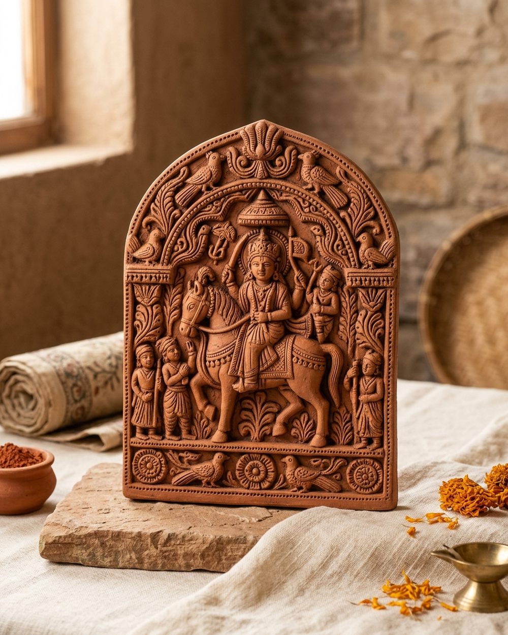 Hand-moulded Molela terracotta votive plaque of a deity
