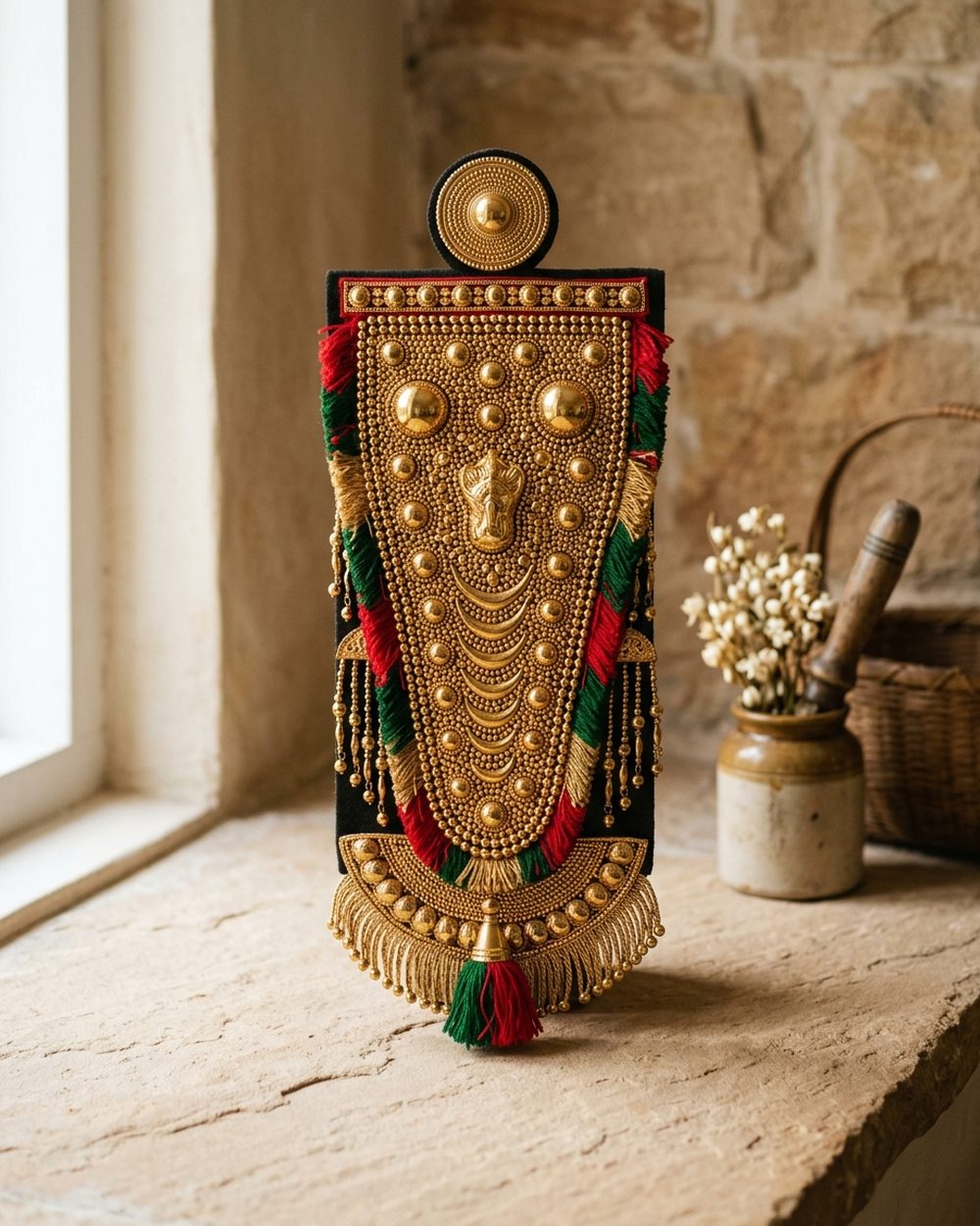 Golden Nettipattam ceremonial elephant caparison used as wall art