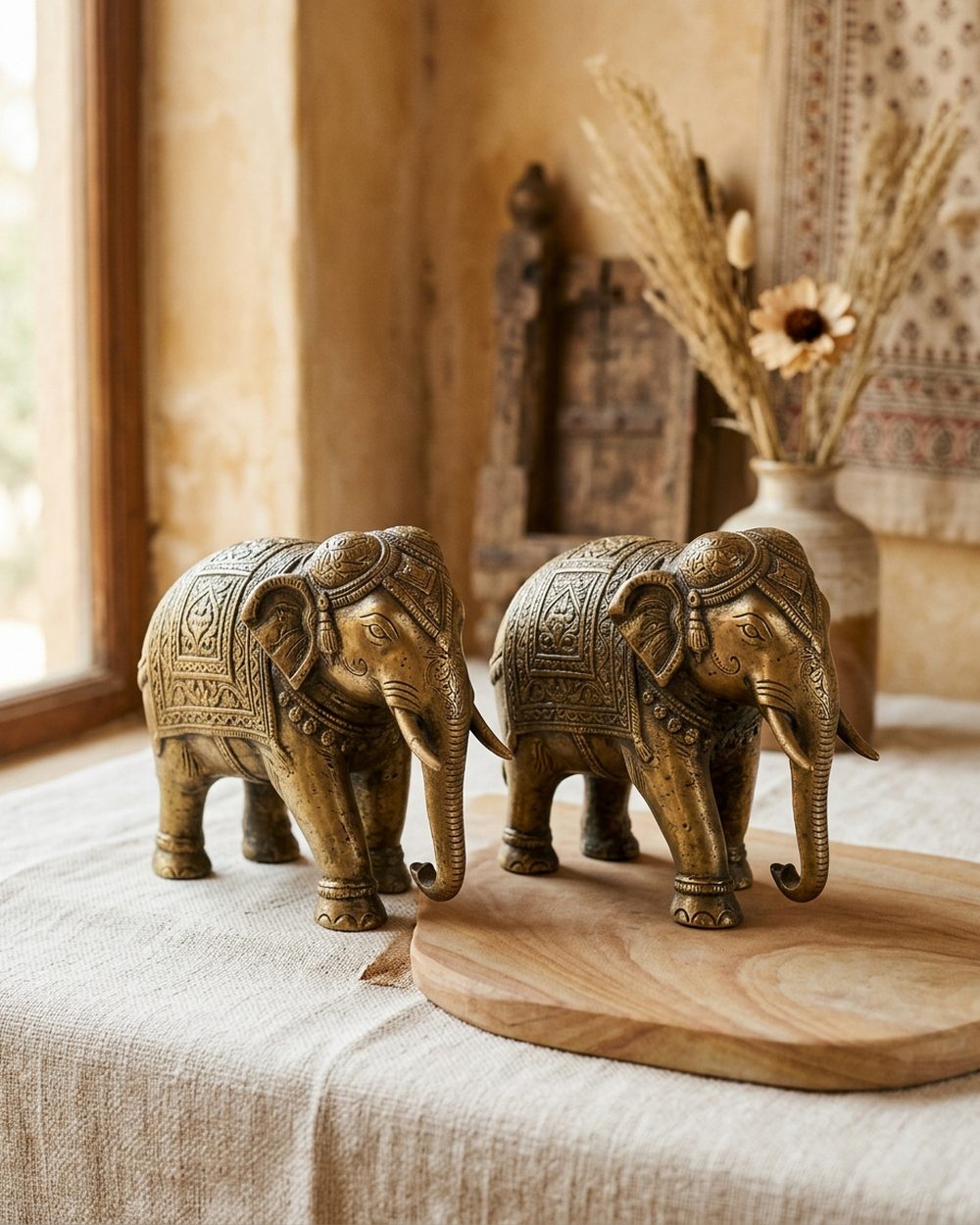 Pair of ornate cast brass elephants with engraved howdahs