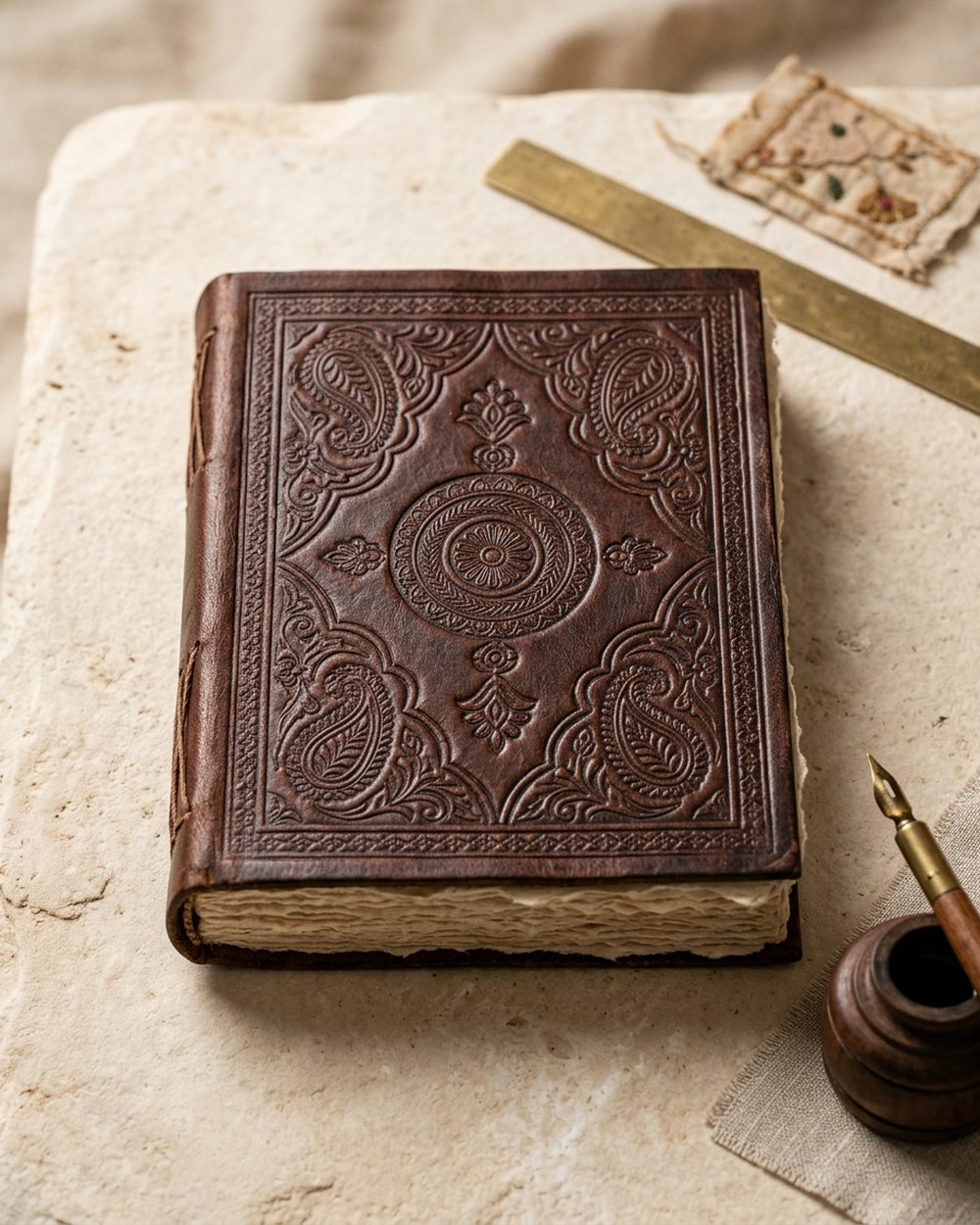Hand-embossed leather journal with traditional Rajasthani tooling