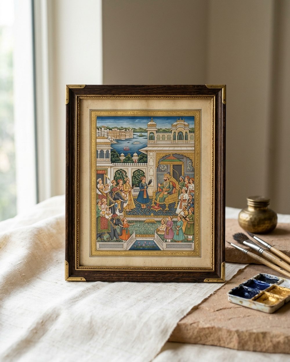 Detailed Rajasthani miniature painting depicting a royal court scene