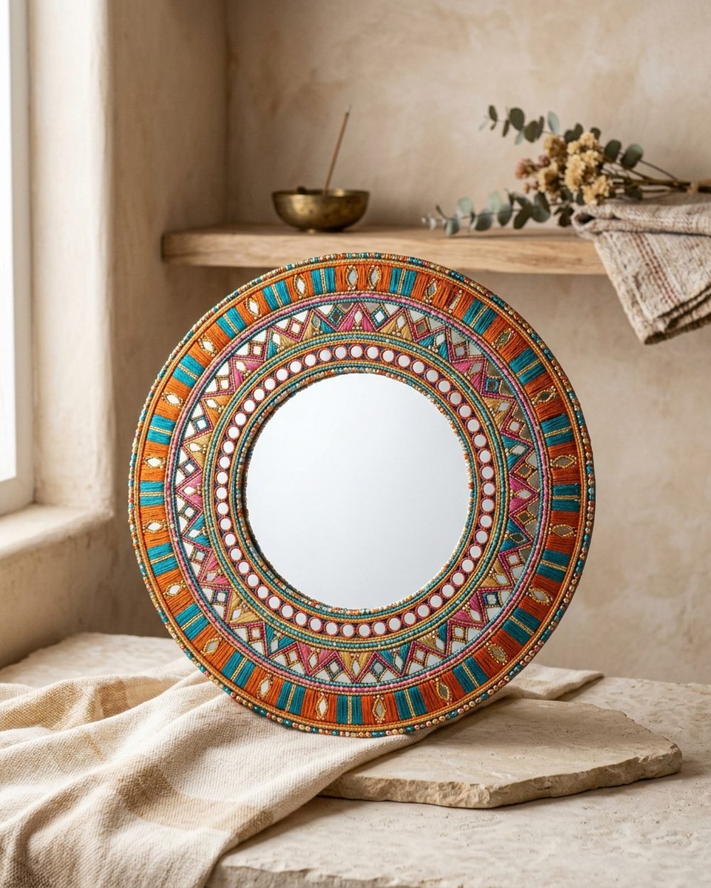 Round wall mirror framed with vibrant Rajasthani mirror and thread work