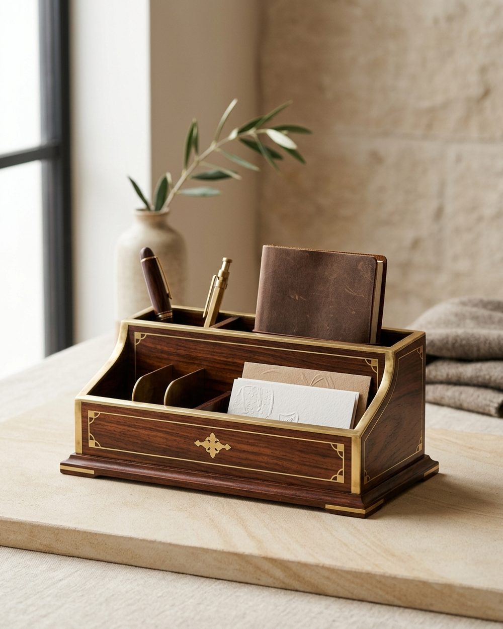 Rosewood desk organiser with polished brass inlay accents
