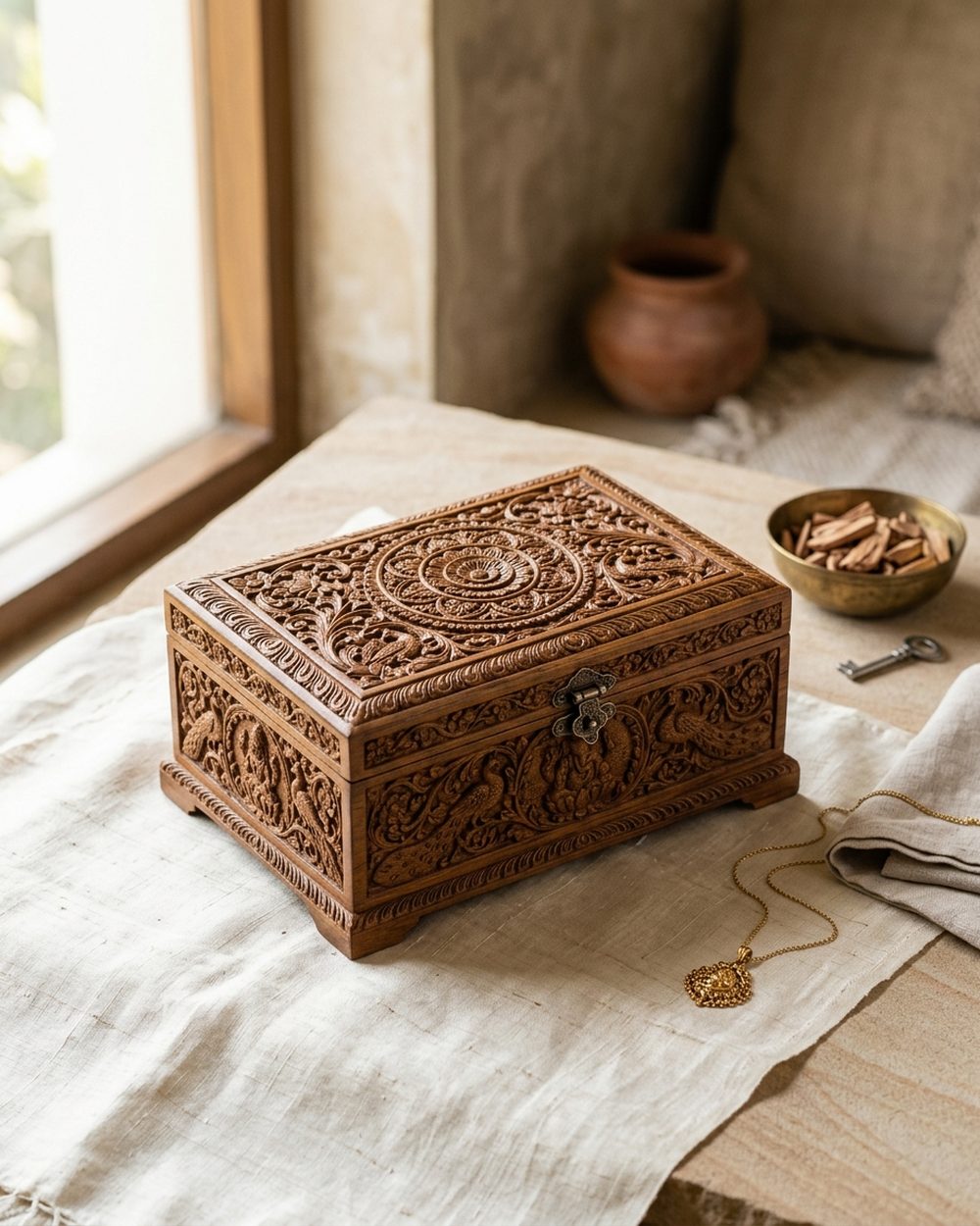 Fragrant carved sandalwood jewellery box with fine relief work