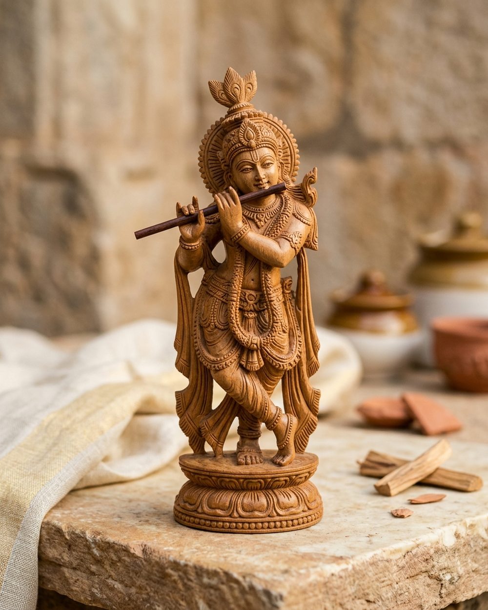 Finely carved fragrant sandalwood Krishna figurine with flute