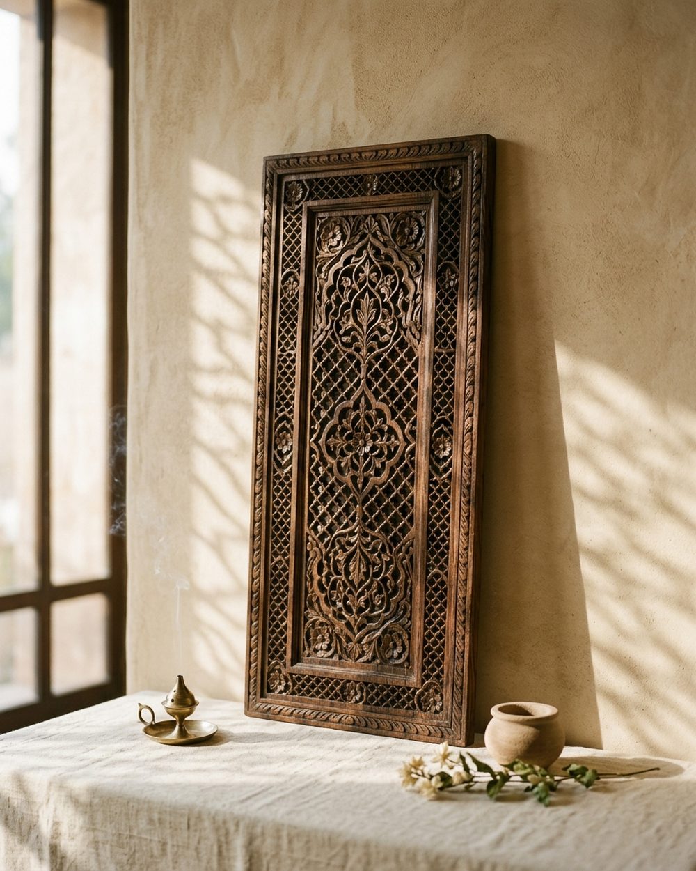 Hand-carved sheesham wood wall panel with jaali lattice motifs