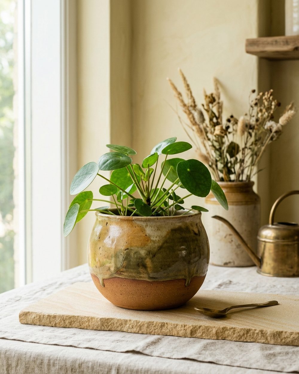 Earthy glazed terracotta planter with a green plant
