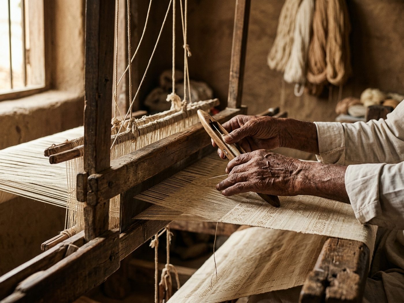 Indian artisan's hands weaving handloom fabric, symbolising social impact