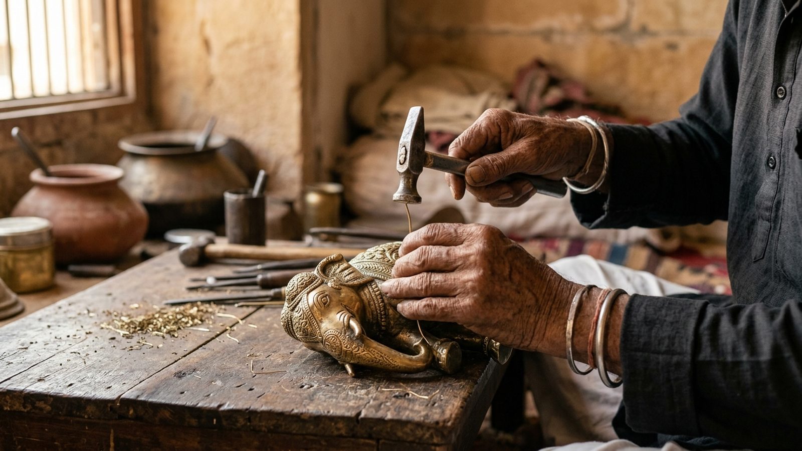 Indian artisan hammering fine brass detail with focused hands