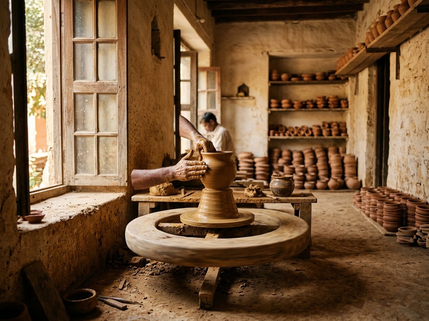 Indian craft workshop — hands shaping clay on a potter's wheel