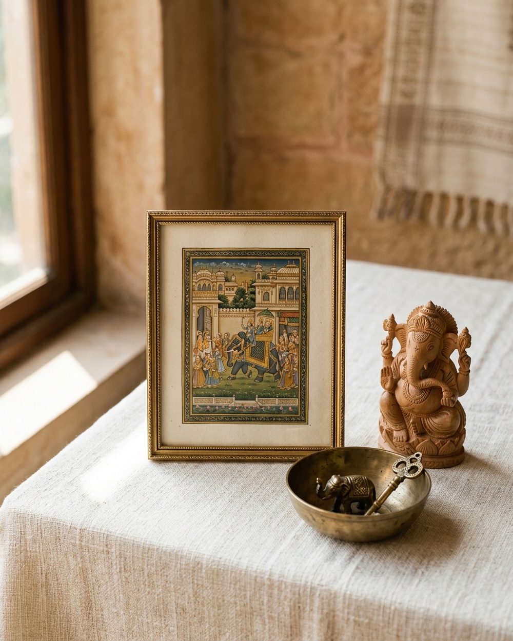 Hand-painted collectible artefacts on a textured surface