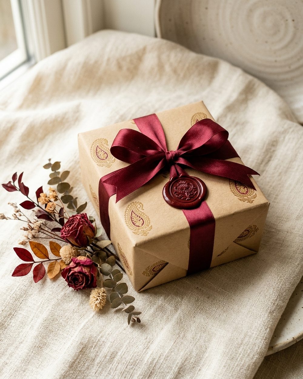 Elegant wrapped heritage gift with ribbon and wax seal