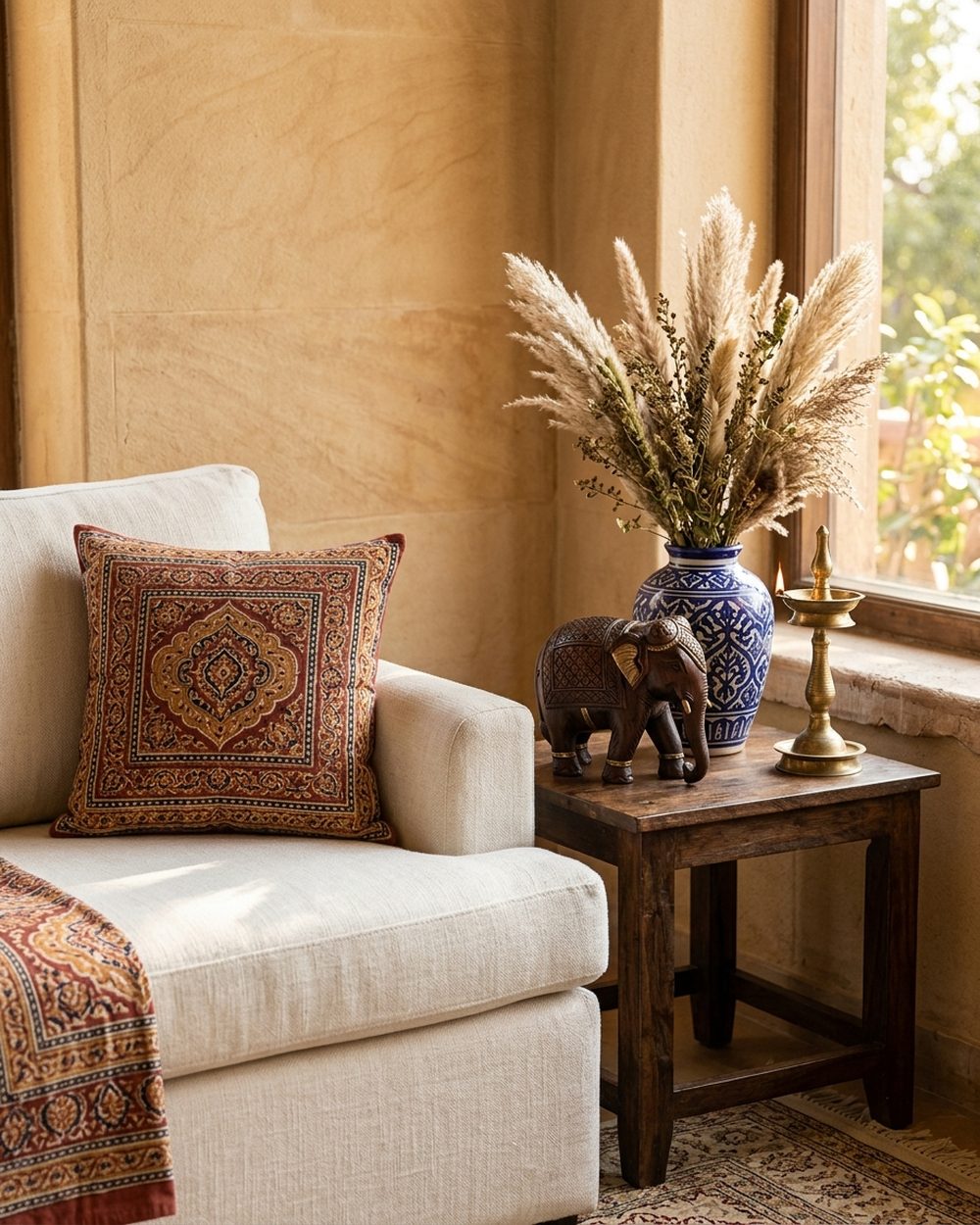 Handcrafted home décor objects styled in a warm Indian interior