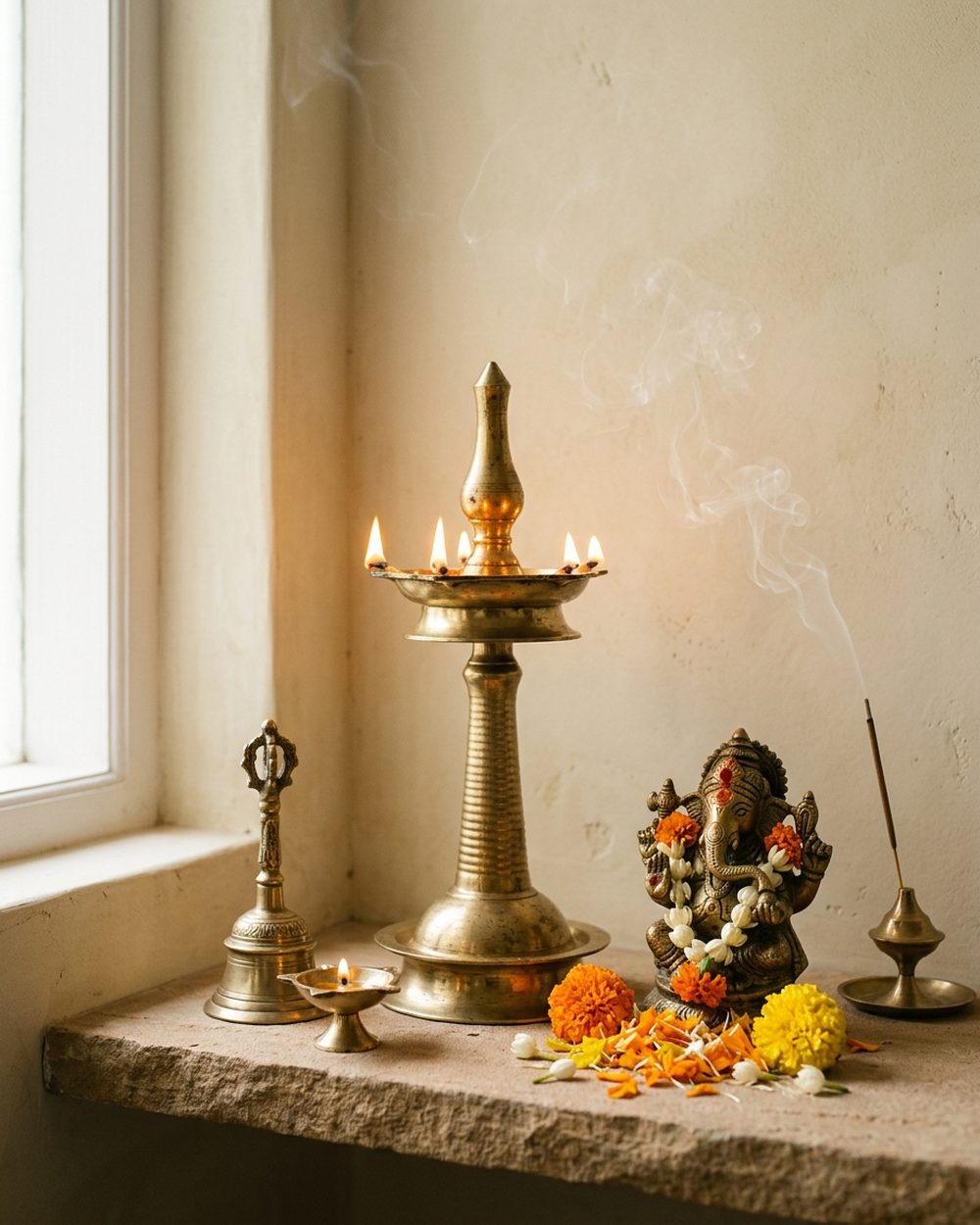 Brass spiritual lamps and diyas glowing softly