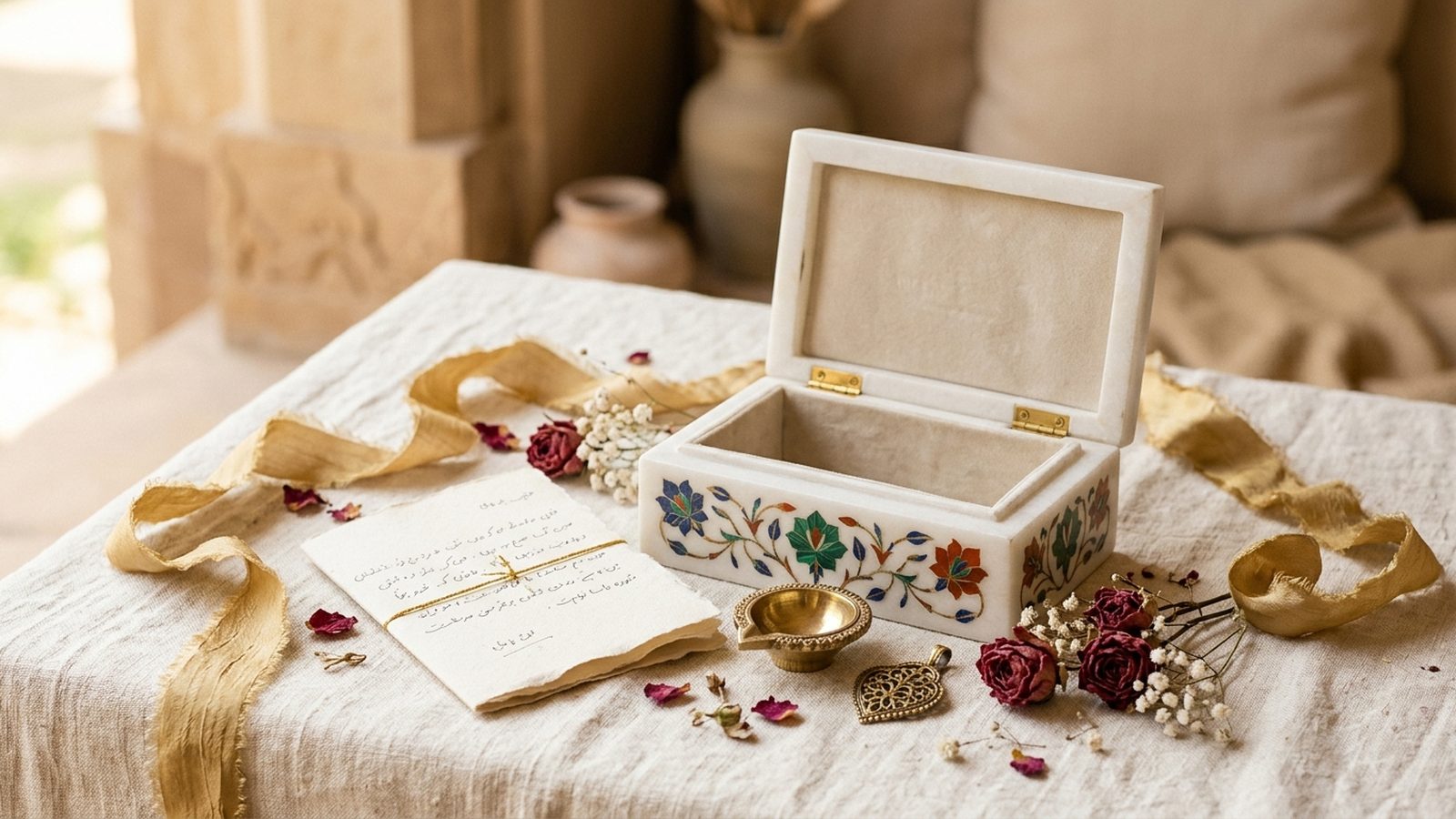 Marble inlay keepsake box, dried roses and gold ribbon
