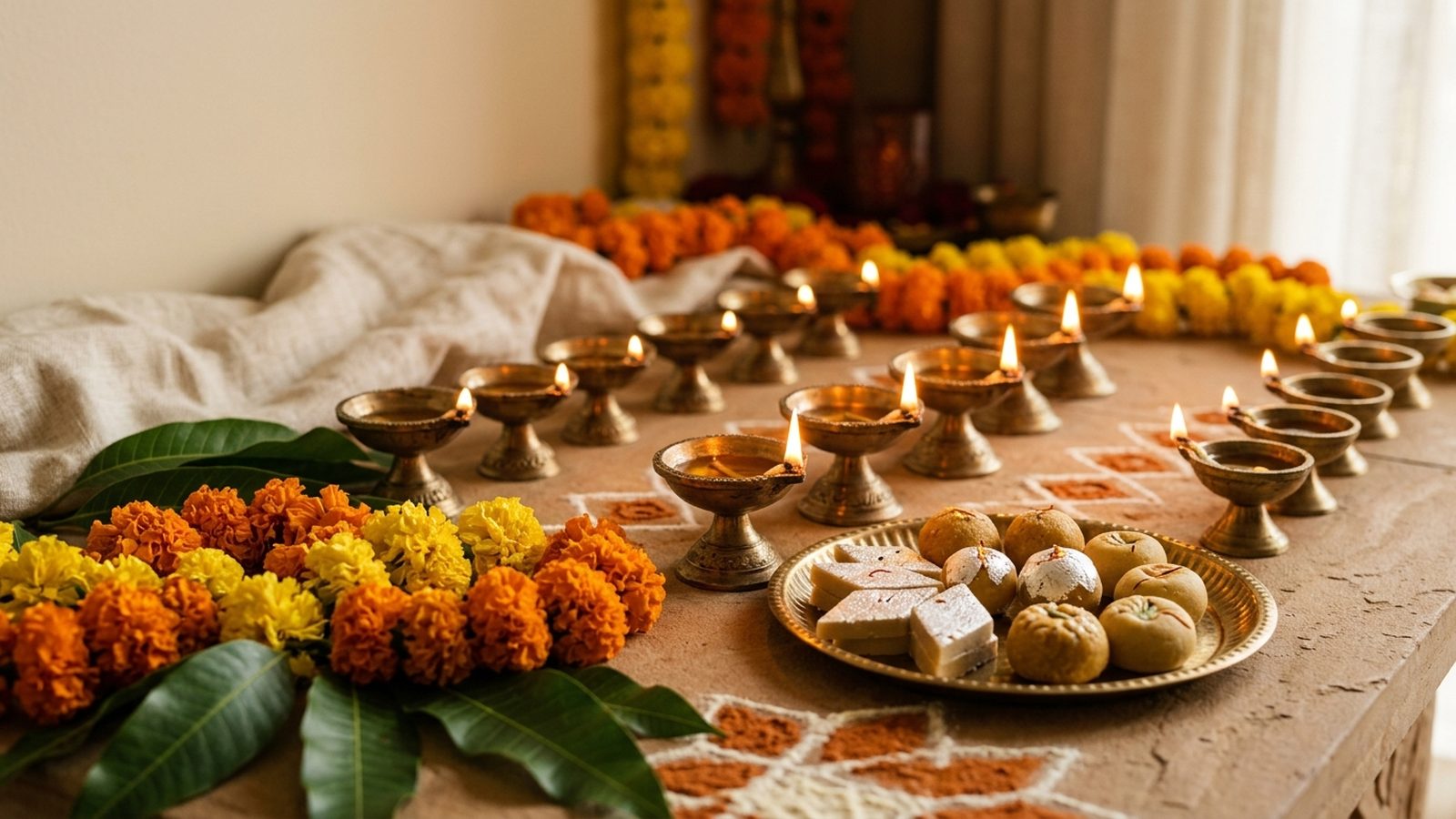 Diwali festive lamps and marigolds
