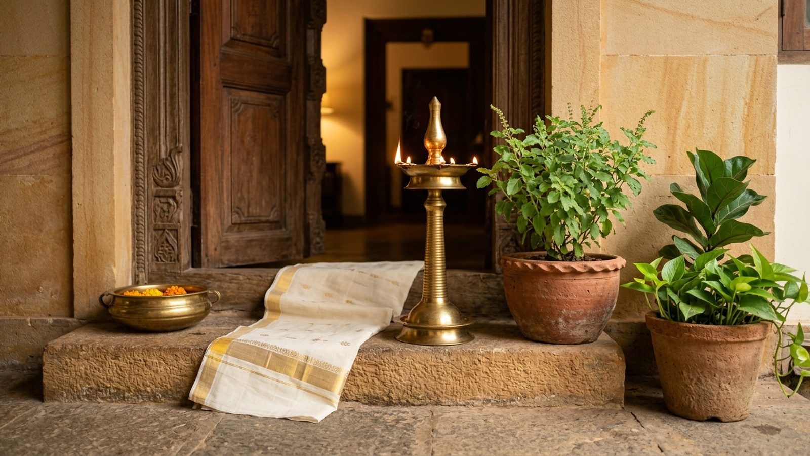 Brass lamp, terracotta planter and tulsi for a housewarming