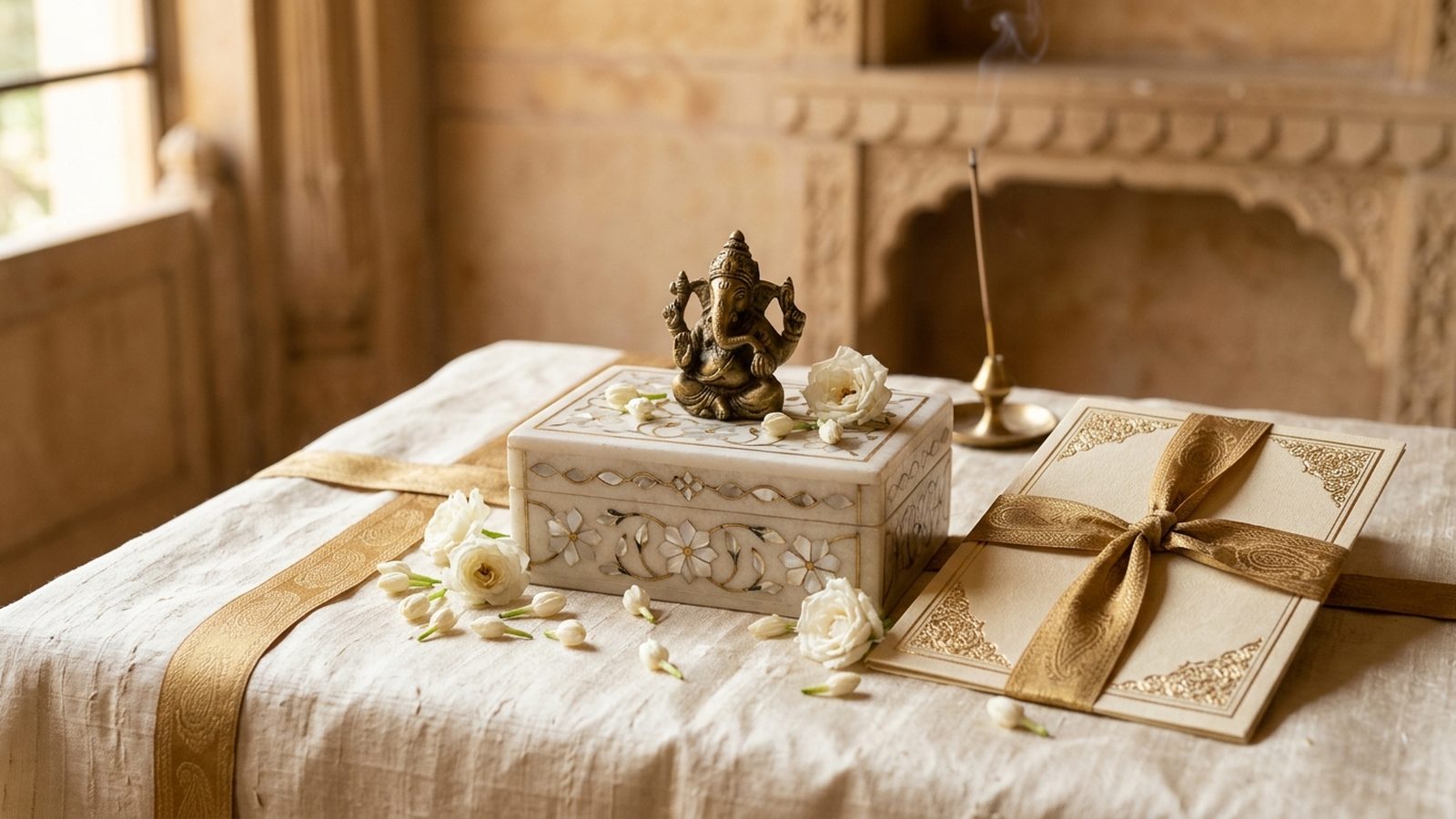 Elegant Indian wedding gifting arrangement with brass Ganesha